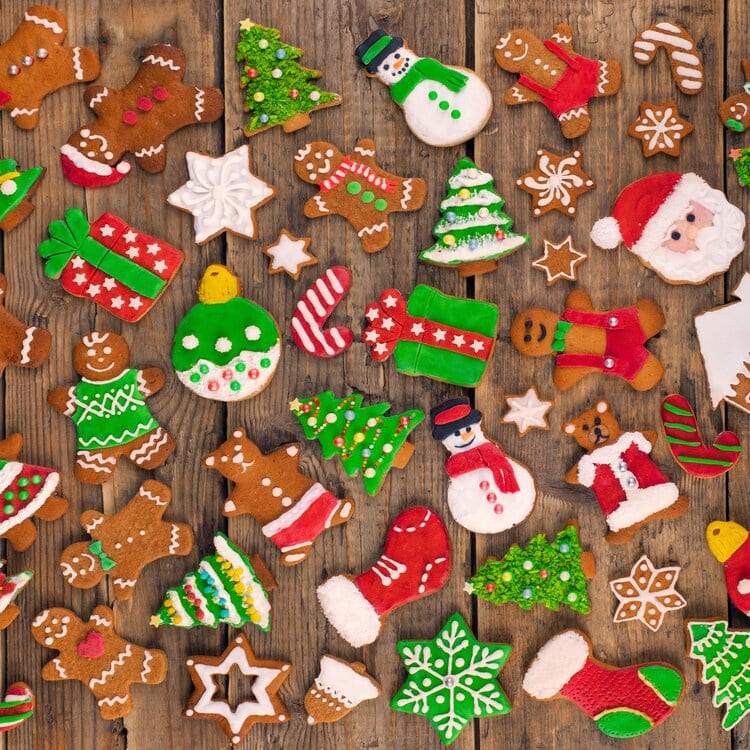 Delicious Beautiful Christmas Gingerbread Cookies On Wooden Table.